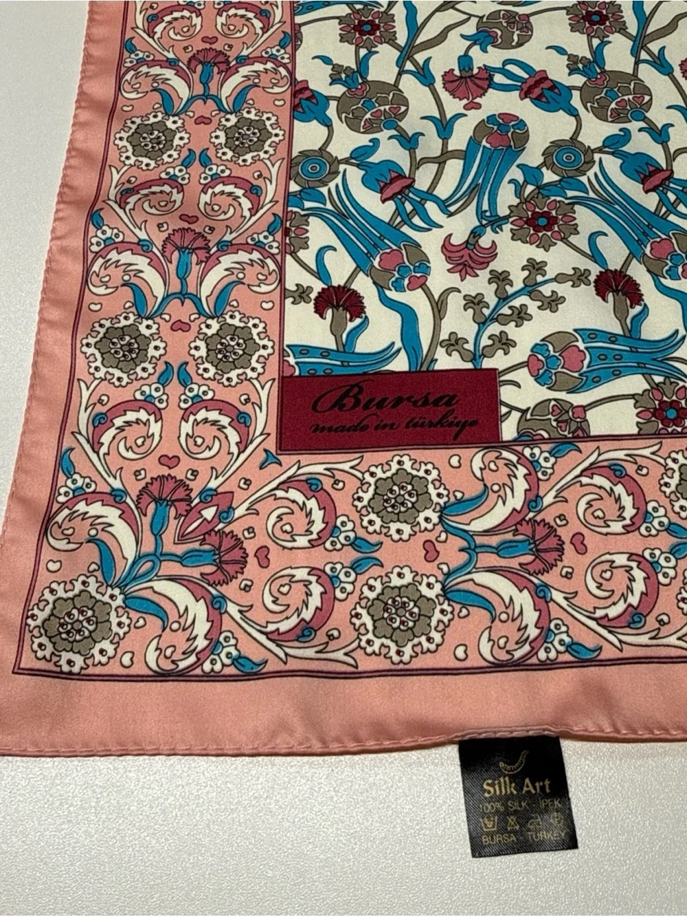 Bursa‎ Silk Art Scarf Wrap Oblong Made in Turkey Floral Pink Blue 66